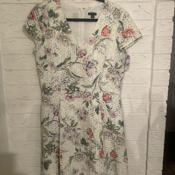 Ann Taylor Cream Floral Wrap Midi Dress with Pink & Green Accents - Picture 2 of 3